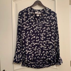 H&M Navy and White Pattern Long-Sleeve Blouse